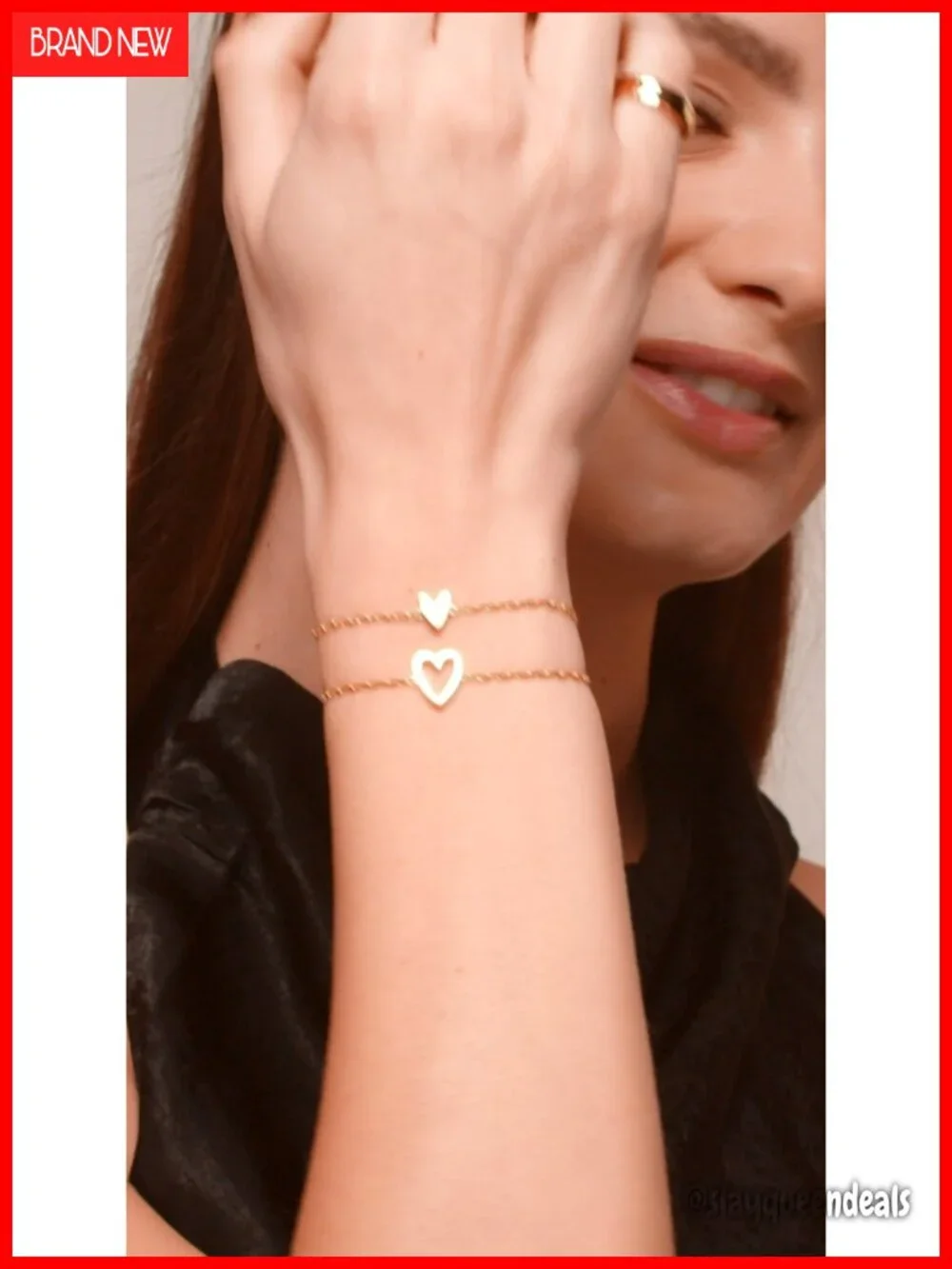 14K Gold Plated Heart Charms Solitaire Bracelet Set Adjustable Two Pack